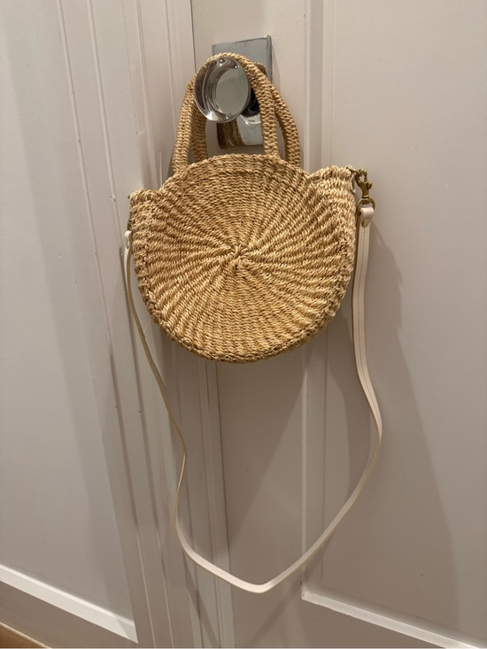 Clare V. Handbags - Clare V. Petite Alice Straw Round Crossbody Bag with White Strap